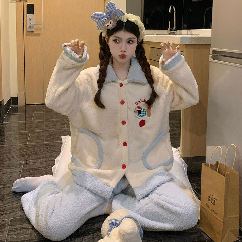 2025新款半边绒睡衣女士冬季加绒加厚珊瑚绒卡通猫咪秋冬款家居服