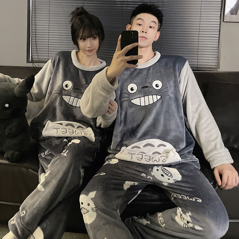 秋冬季情侣睡衣女生珊瑚绒加绒加厚可爱男士龙猫法兰绒家居服套装