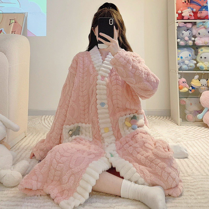 睡裙女秋冬款珊瑚绒大码200斤长款睡袍法兰绒加厚可外穿浴袍孕妇