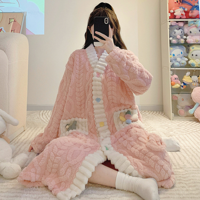 睡裙女秋冬款珊瑚绒大码200斤长款睡袍法兰绒加厚可外穿浴袍孕妇