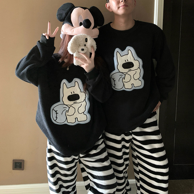 卡通小狗睡衣米粒绒情侣装男女士秋冬季加绒加厚宽松法兰绒家居服