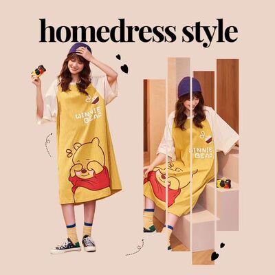 睡裙女士夏季短袖宽松睡衣新款少女可爱卡通维尼熊薄款休闲家居服