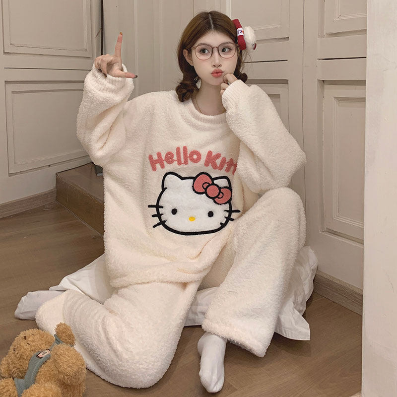 法兰绒睡衣女士秋冬季2025新款珊瑚绒加厚保暖卡通KT猫家居服套装