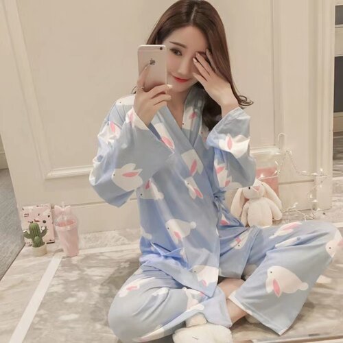和服睡衣女长袖春秋季款纯棉夏天