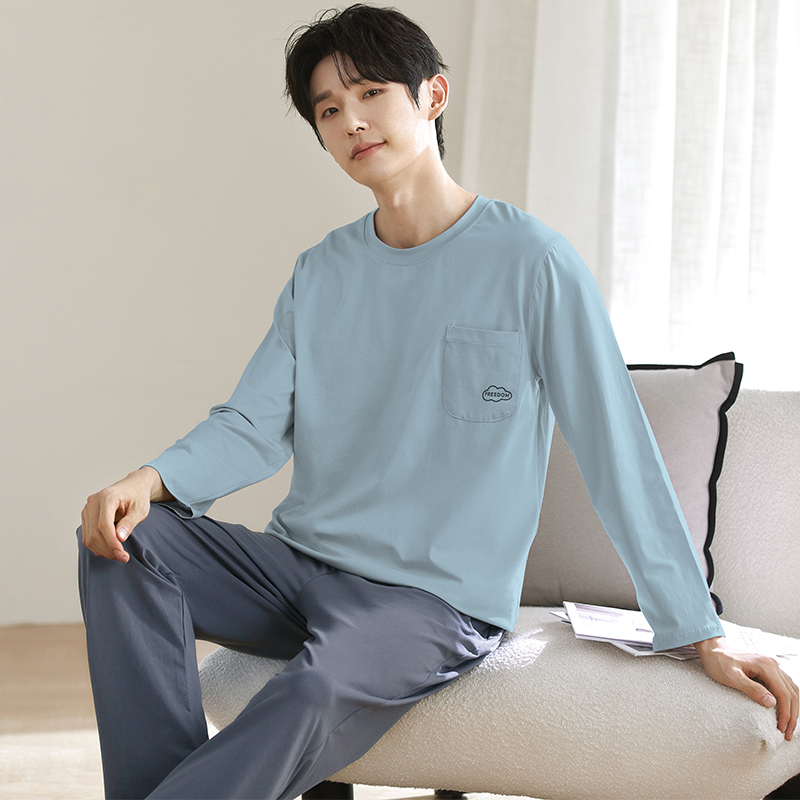 睡衣纯棉春秋冬季长袖新款男士青少年纯色简约家居服男套装可外穿