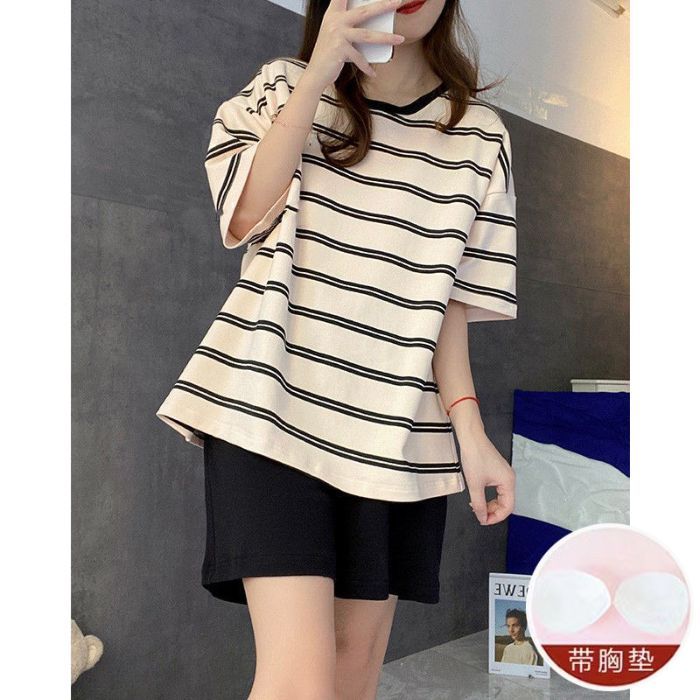 新款纯棉薄款睡衣女士带胸垫短袖短裤简约条纹宽松家居服套装