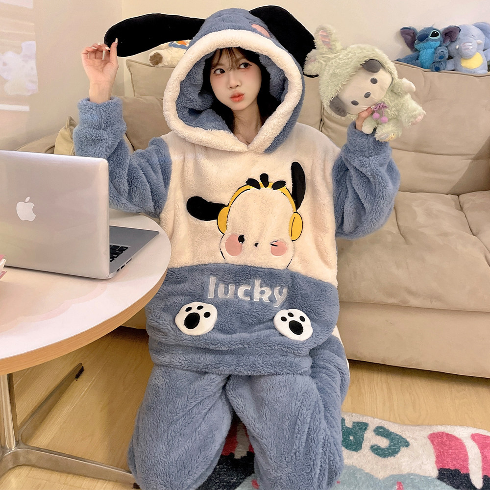 新款珊瑚绒睡衣秋冬季加厚法兰绒卡通可爱少女连帽家居服套装外穿