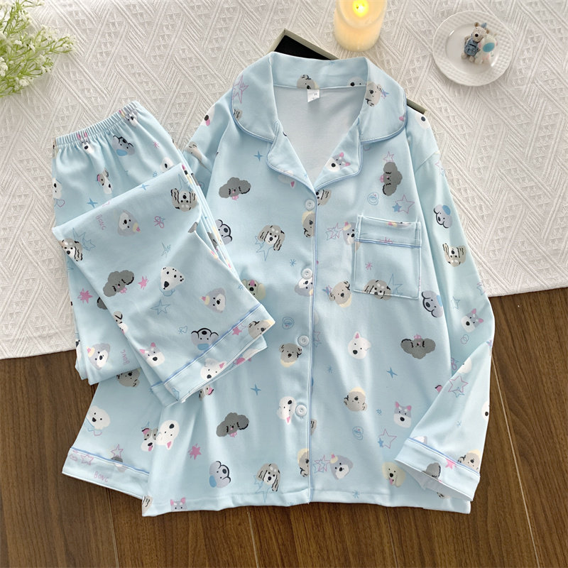 德绒睡衣女秋冬季新款翻领保暖加厚小狗日系ins可爱翻领薄绒套装