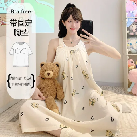 睡裙女士夏季纯棉无袖吊带胸垫可爱卡通甜美少女睡衣薄款家居服