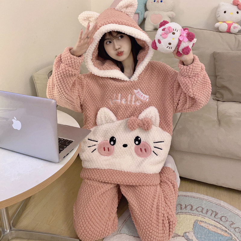 卡通连帽珊瑚绒睡衣女冬季加厚款可爱学生保暖法兰绒家居服两件套