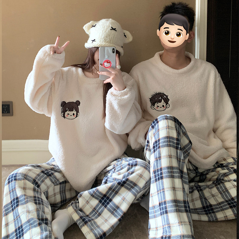 韩版格子情侣睡衣女秋冬季珊瑚绒法兰绒高级感男士加厚家居服套装