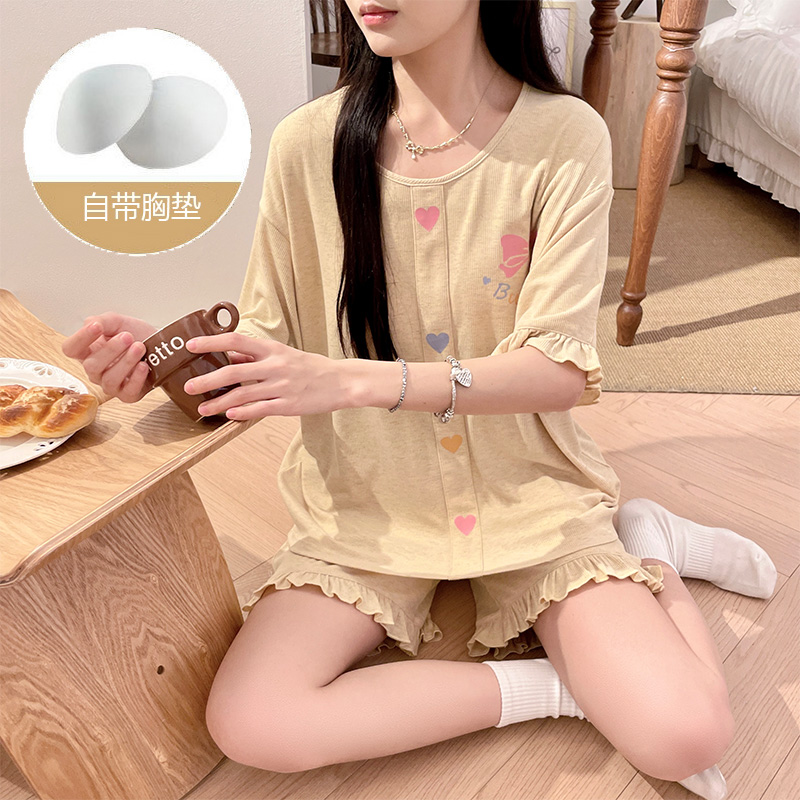 2025新款短袖短裤带胸垫睡衣女士夏季日系甜美宽松大码家居服套装