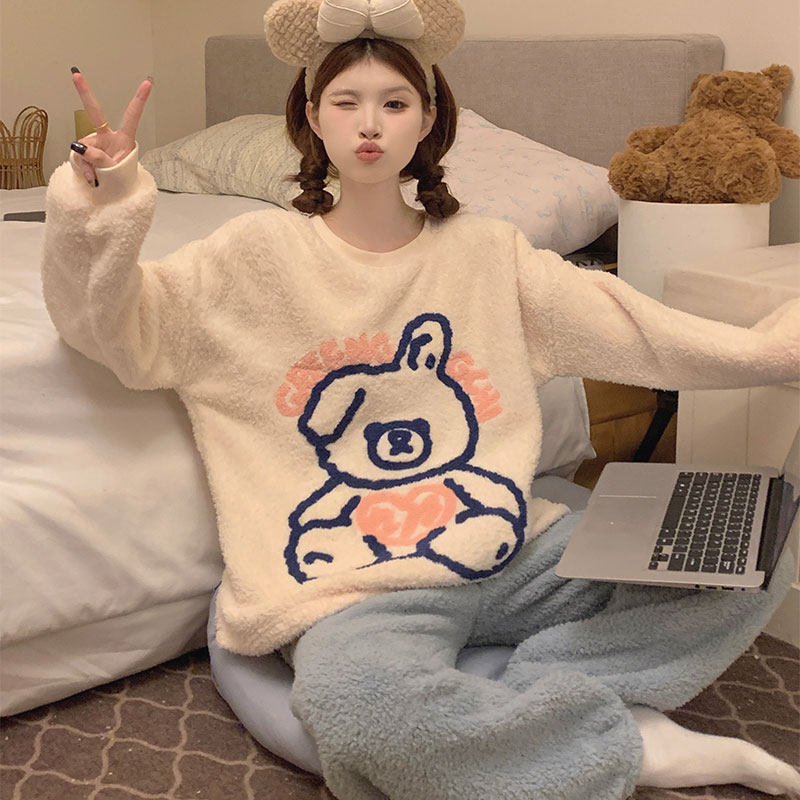 法兰绒睡衣女秋冬季2025新款珊瑚绒加厚保暖小个子卡通家居服套装