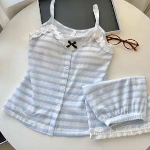 2025新款 吊带条纹小个子睡衣女性感夏季 日系可爱带胸垫家居服套装