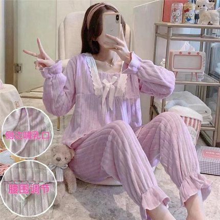 珊瑚绒加厚加绒怀孕产妇喂奶坐月子服产后哺乳孕妇睡衣套装秋冬季