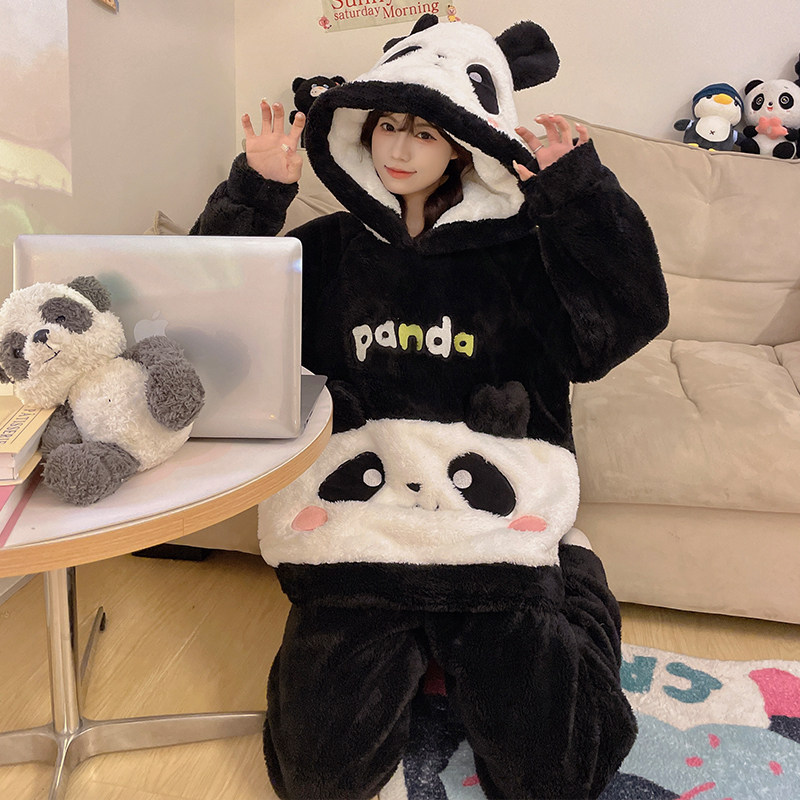卡通熊猫连帽珊瑚绒睡衣女秋冬加厚可爱学生保暖法兰绒家居服套装