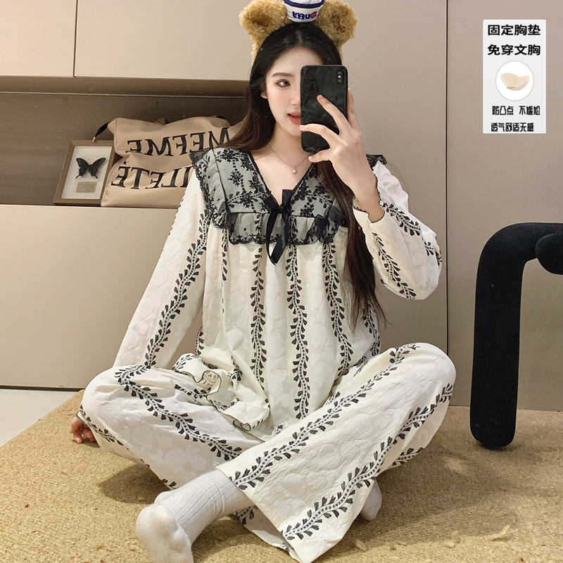 秋季新款睡衣女蕾丝花边V领套头长袖长裤固定胸垫甜美家居服套装