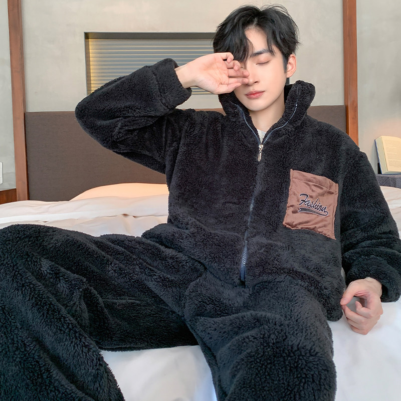 睡衣男秋冬加绒加厚珊瑚绒2025新款拉链保暖法兰绒大码家居服套装