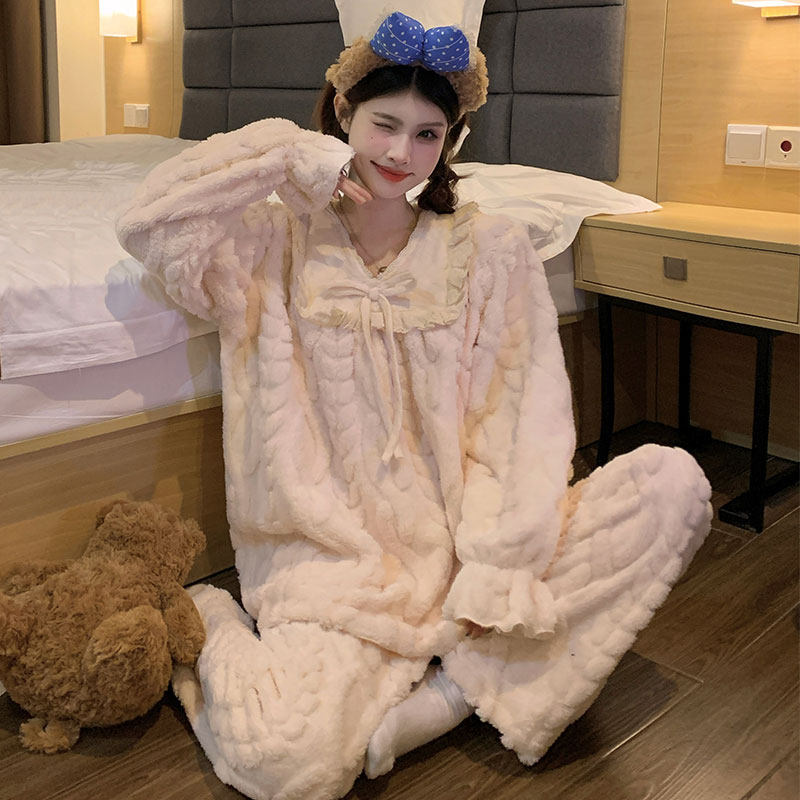 珊瑚绒睡衣女士秋冬季加绒加厚甜美蝴蝶结25新款法兰绒家居服套装