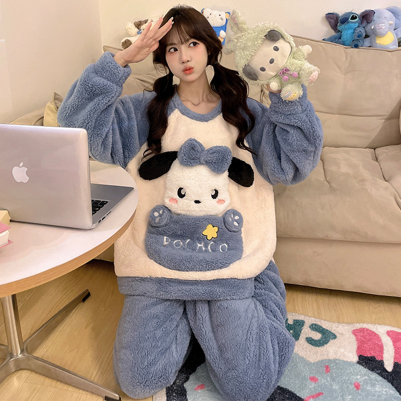 卡通帕恰狗睡衣女生冬季法兰绒长袖家居服加厚保暖珊瑚绒可爱套装