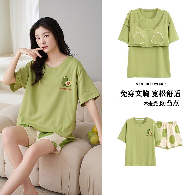 新款纯棉薄款睡衣女士带胸垫短袖短裤宽松大码宿舍家居服套装夏季