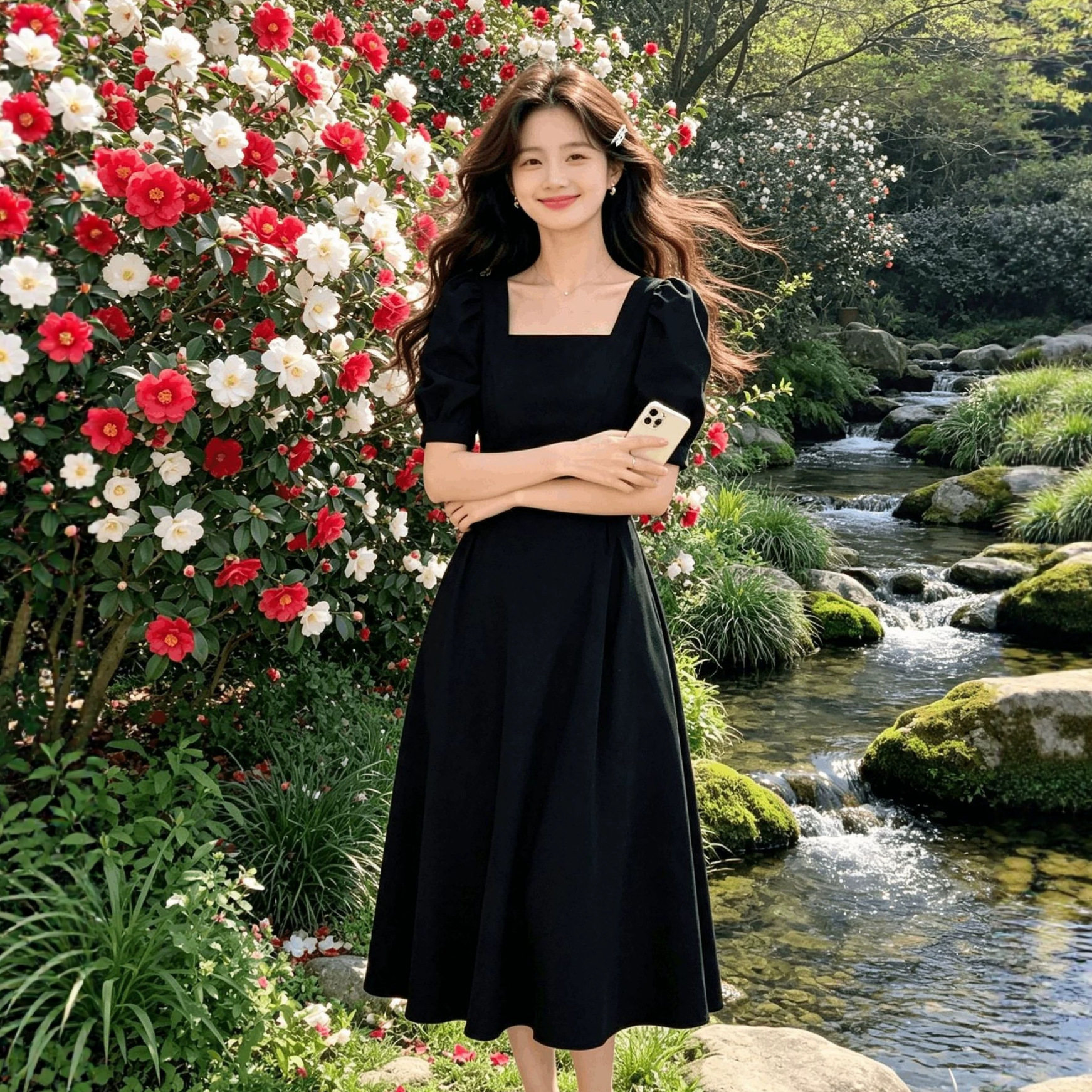 赫本风方领连衣裙女夏季2026新款收腰法式白色裙子森系初恋小白裙