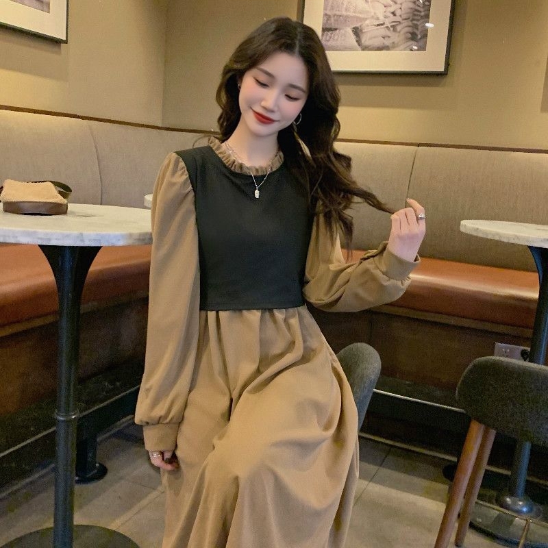 复古假两件撞色连衣裙女秋冬泡泡袖A字裙显瘦高级感小众