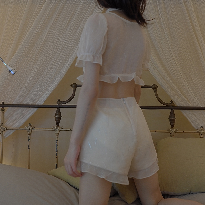 Goutte.shuiii连体短裤女夏2018新款t恤短袖复古港味网纱套装chic