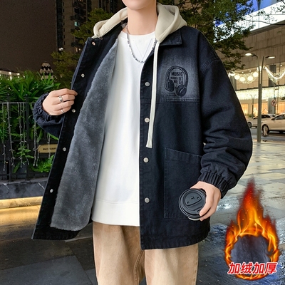 牛仔外套青少年2025新款宽松连帽加绒加厚初高中学生夹克帅气上衣