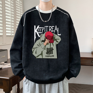 秋冬季青少年加绒长袖卫衣男孩13学生帅气初高中上衣加厚童男打底