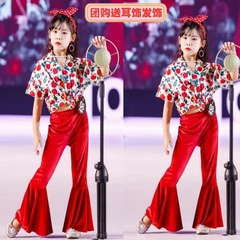 儿童复古港风演出服喇叭裤套装花衬衫8090年代港式护花使者舞蹈服