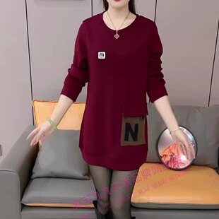 打底衫 秋冬新款 圆领套头加绒卫衣女宽松显瘦百搭休闲上衣中长款