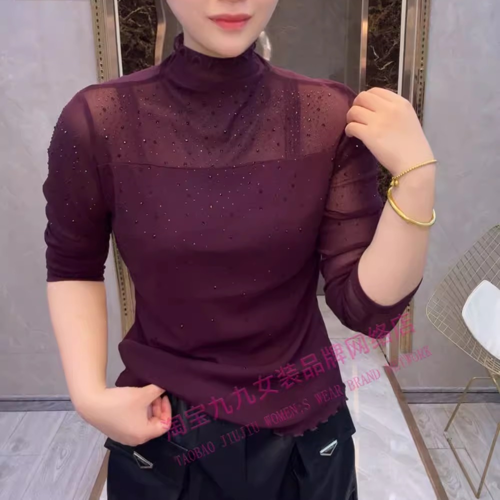 网纱烫钻女装内搭黑修身长袖T恤