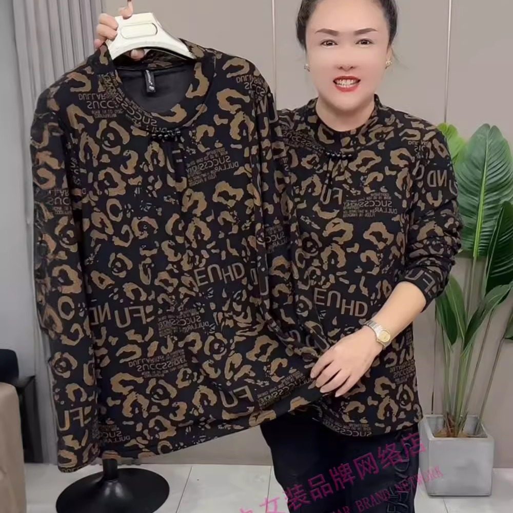 加绒豹纹大码中老年女装打底衫
