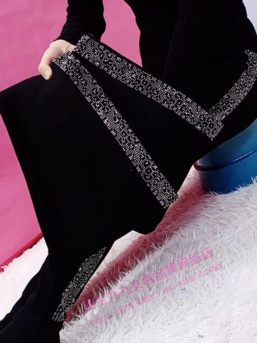豹纹亮钻加绒黑色打底裤女士冬季