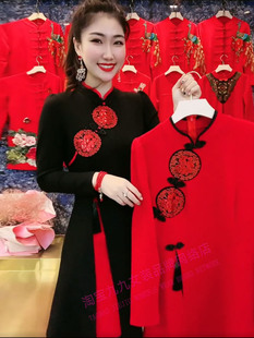 本命年大红色旗袍裙刺绣花长袖 显瘦复古中国风年服连衣裙 立领大码