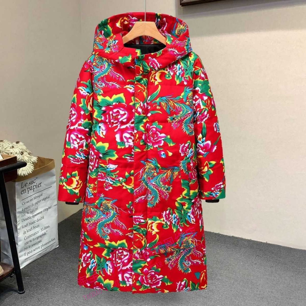 东北大花棉衣男女同款国潮连帽中长款宽松保暖加厚棉服外套
