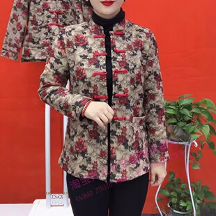 复古加绒保暖小衫 妈妈装 外套女士秋冬新款 立体花盘扣双兜两穿开衫