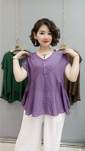妈妈装短袖麻纱上衣夏季宽松显瘦减龄圆领套头纯色小衫中老年上衣