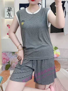 新款 家居服套装 宽松大码 短裤 无袖 笑脸条纹莫代尔睡衣两件套女夏季