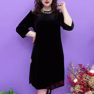 钉珠圆领七分袖丝绒连衣裙2025年秋冬新款中长黑色洋气百搭裙子