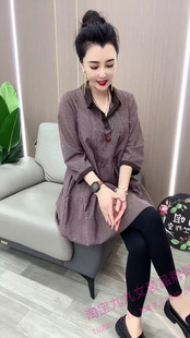 韩版洋气小格子连衣裙女士春秋款polo领七分袖宽松显瘦休闲打底裙