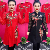 刺绣喜鹊花旗袍裙女士秋冬新款 拼接蕾丝长袖 遮肉减龄显瘦连衣裙