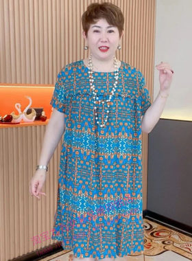 夏大码胖妈妈遮肉连衣裙女士短袖