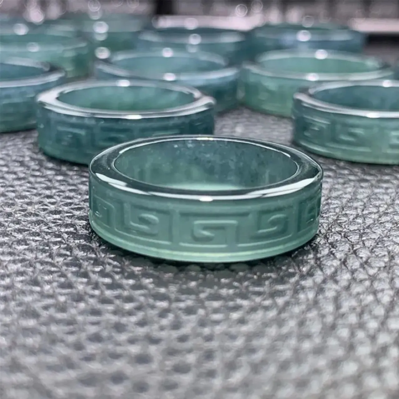 原创天然A货翡翠蓝水仿古纹方形戒指冰种玉石男女款玉指环个性