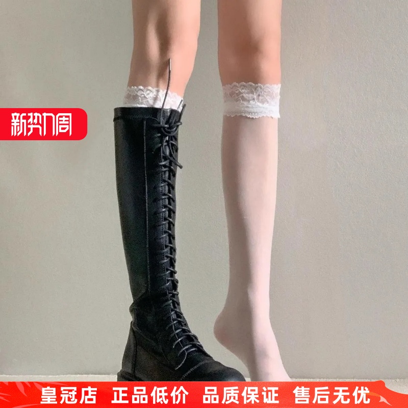 蕾丝花边小腿袜子女春秋中筒袜蝴蝶结美拉德配靴子的过膝长筒袜女