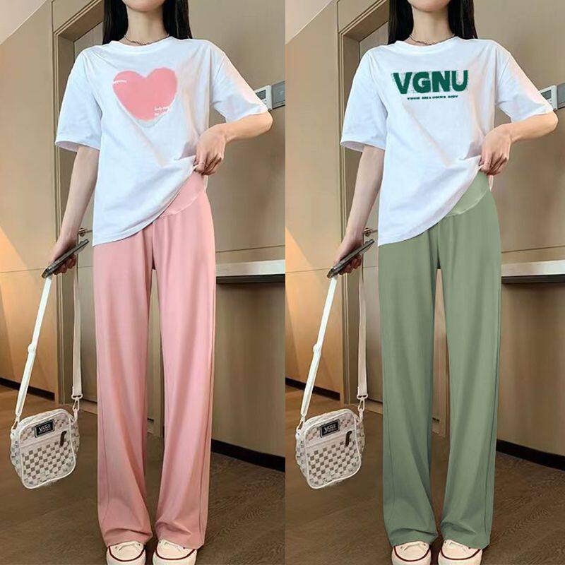MATERNITY SUIT SUMMER WIDE-LEG PANTS COTTON SHORT-SLEEVED T-SHIRT TOP NEW FASHION CASUAL AND LOOSE THIN TWO-PIECE SET