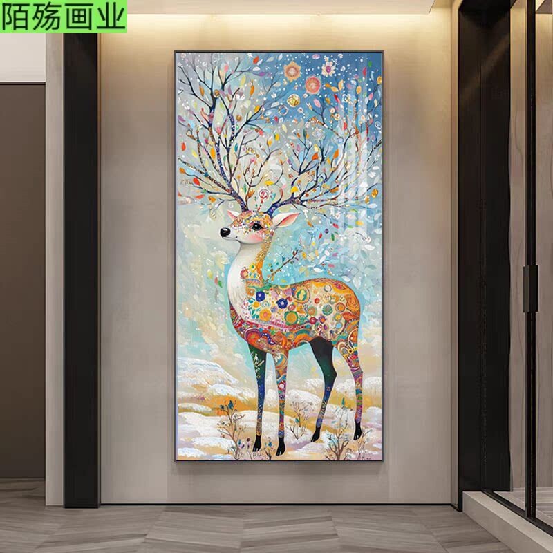 玄关装饰画梅花鹿正对门美式竖版艺术挂画走廊过道一路平安壁画