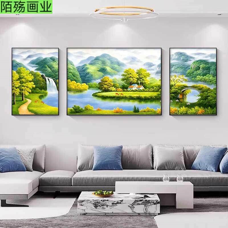 山水画客厅装饰画三联画大气2026新款现代简约挂画沙发背景墙壁画