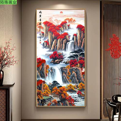 鸿运当头国画玄关装饰画镶钻带灯走廊过道山水画竖版挂画墙壁画
